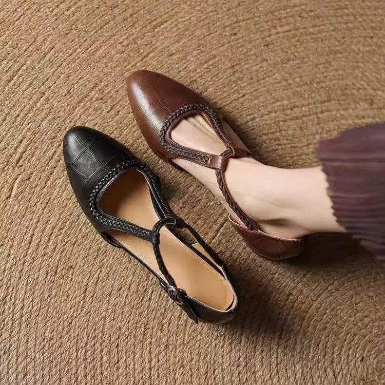 French Retro Leather Bread-Toe Sandals