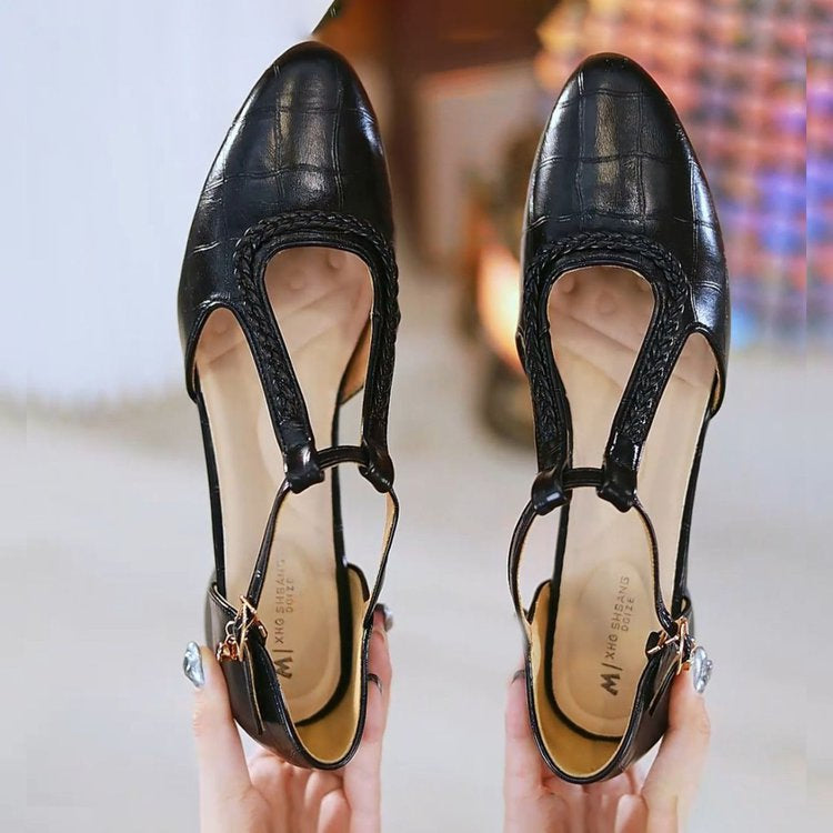 French Retro Leather Bread-Toe Sandals