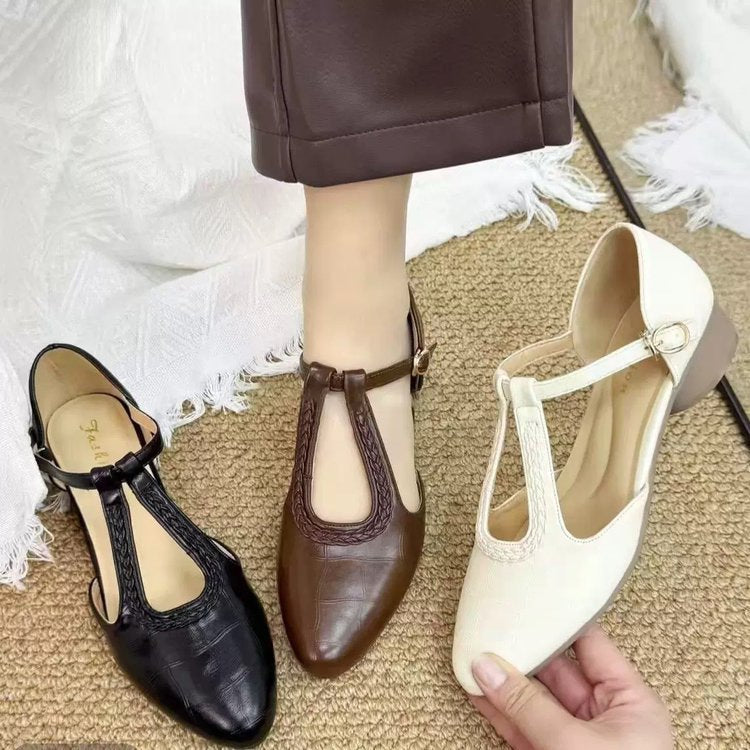 French Retro Leather Bread-Toe Sandals