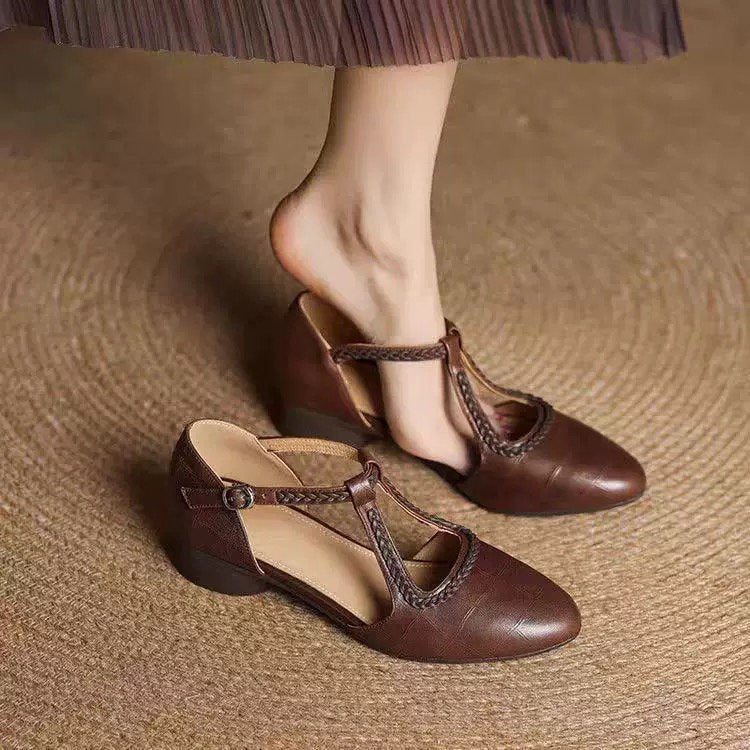 French Retro Leather Bread-Toe Sandals