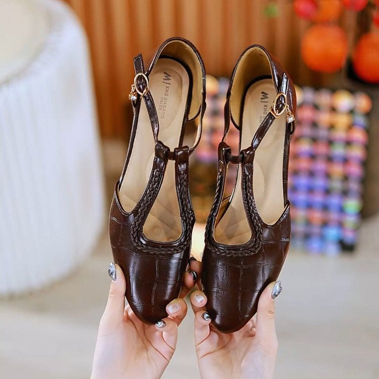French Retro Leather Bread-Toe Sandals
